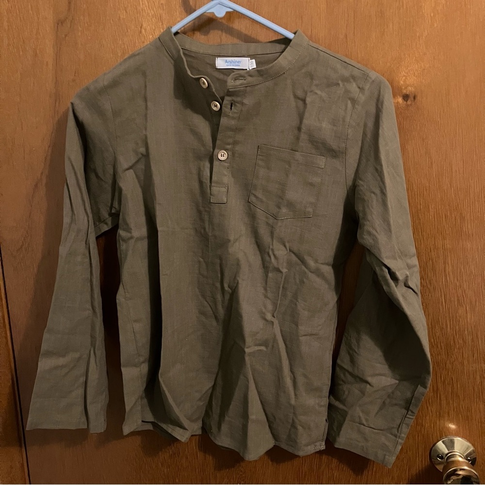 Arshiner Olive Green Linen Shirt Boys sz 10 Adjustable Sleeves
